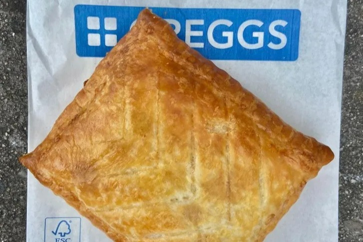 Greggs steak bake on bakery paper.