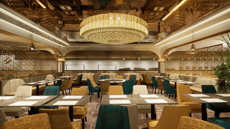 Illustration of a large restaurant interior with ornate gold detailing and teal and gold seating.