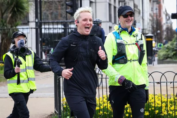 BBC Radio 1 presenter Jamie Laing during the morning of day one on his 2025 Comic Relief challenge in Hyde Park on March 17, 2025 in London, England.