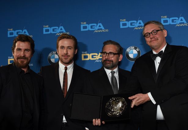 Actor Christian Bale, actor Ryan Gosling, director Adam McKay, 