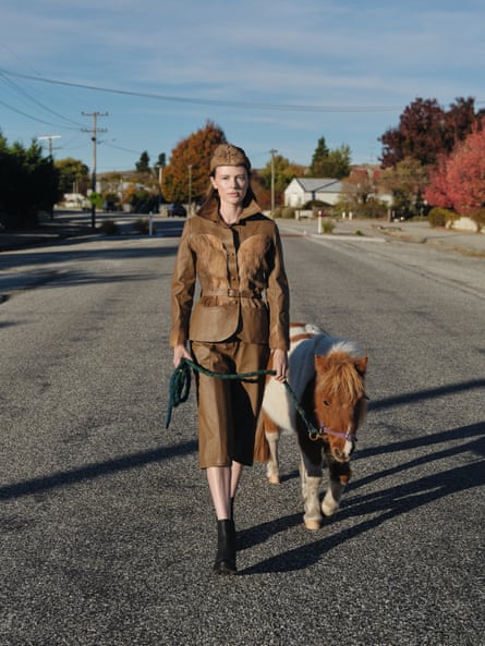 Jo Dunlap jacket, gauchos, camisole and cap, 1979. Leather and deer hide, EH213. Photographed at Ophir with Pippi the miniature horse, 2024 Model: Alannah Kwant