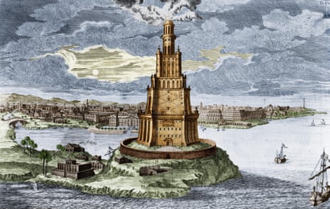 Old print of a huge lighthouse at a harbour entrance