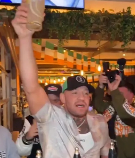 Collage of Conor McGregor celebrating with friends in a pub.