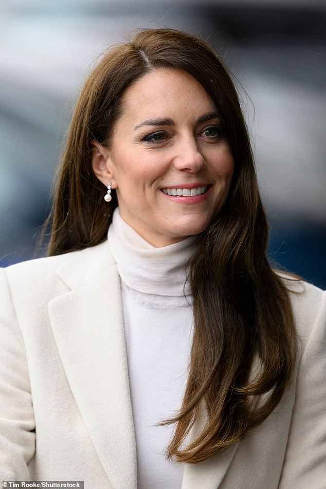 2023: Kate opted for a natural make-up look and wore her long hair loose for a trip to Wales in February