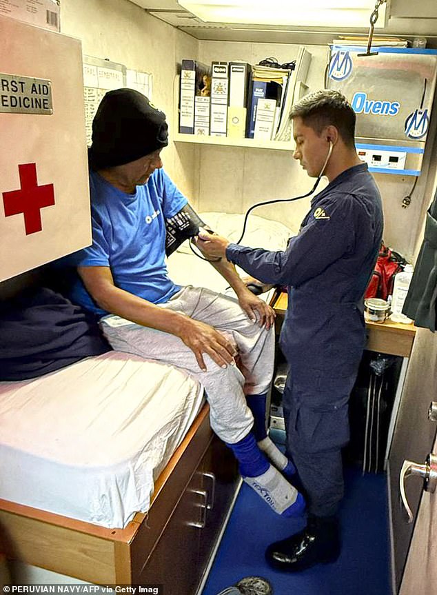 Peruvian fisherman Maximo Napa, 61, receives medical attention upon his arrival in Paita