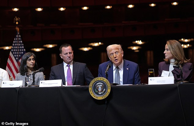 President Donald Trump leads a board meeting at the John F. Kennedy Center for the Performing Arts on March 17, 2025 in Washington, DC. After shunning the annual Kennedy Center Honors during his first term in the White House, Trump fired the center's president, removed the bipartisan board of Biden appointees and named himself Chairman of the storied music, theater and dance institution. Seated with Trump are (L-R) Usha Vance, the wife of Vice President JD Vance, President of The Kennedy Center Board of Trustees Richard Grenell and Interim Vice Chair Jennifer Fischer