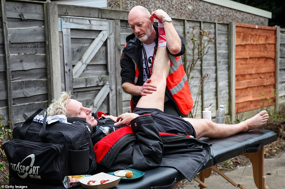 He went on to get some treatment at a pitstop in Manchester, as he heads on the final stretch