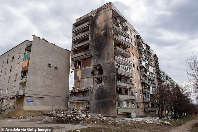 At a commemoration service at a St Petersburg cemetery a few years ago, Putin said: ¿I don¿t know where my own brother is buried, whom I never saw, never knew.¿ He spoke of how his mother had been ¿laid out with the corpses¿. Pictured: Destruction caused by Russian bomb strikes on Kostiantynivka on March 21