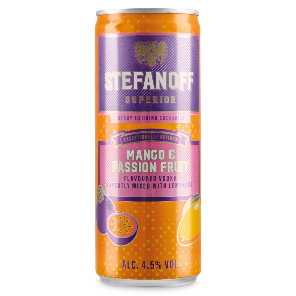 Can of Stefanoff Superior Mango & Passion Fruit Flavoured Vodka.