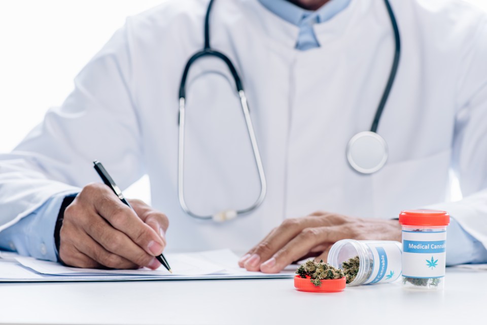 Doctor writing prescription with medical cannabis in containers.