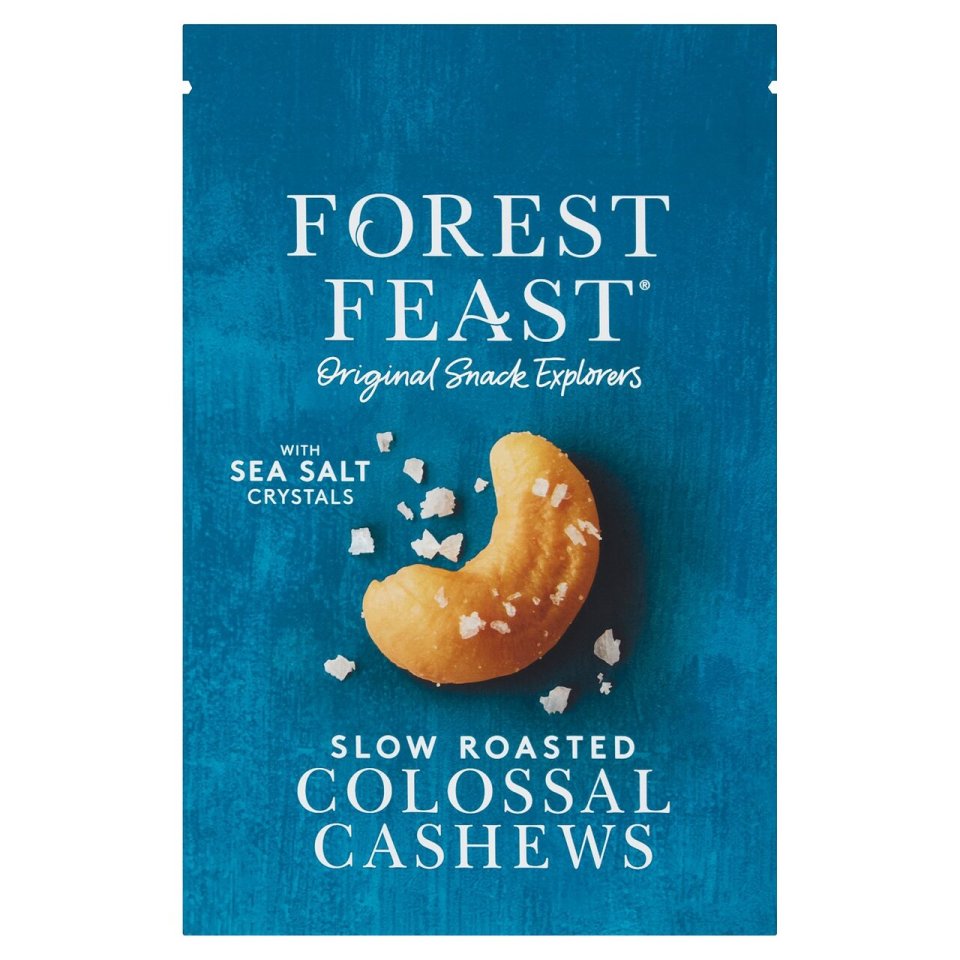 Forest Feast slow roasted colossal cashews with sea salt crystals.