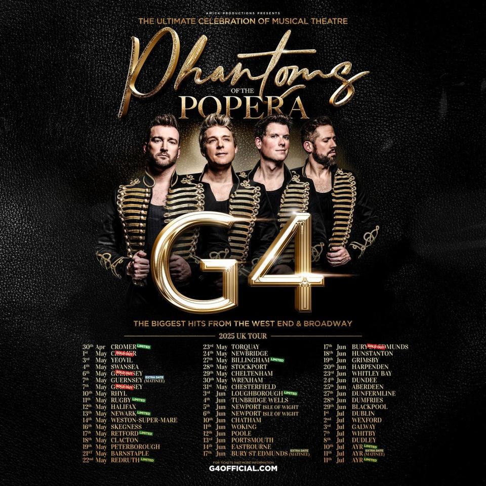 G4 2025 UK tour poster featuring the group and tour dates.