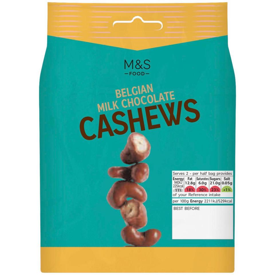 Package of M&S Belgian Milk Chocolate Cashews.