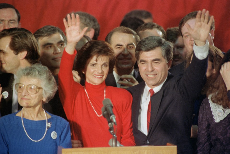 Michael Dukakis and Kitty Dukakis waving to supporters after winning the New Hampshire Democratic presidential primary.