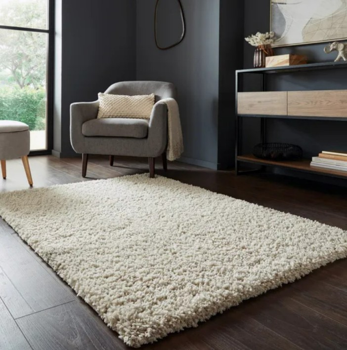 Cream-colored shaggy rug in living room.