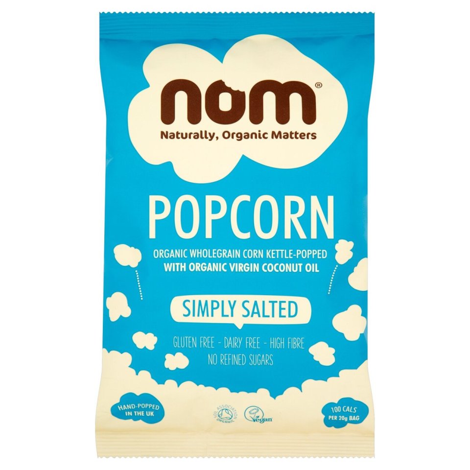 Package of Nom Organic Simply Salted Popcorn.