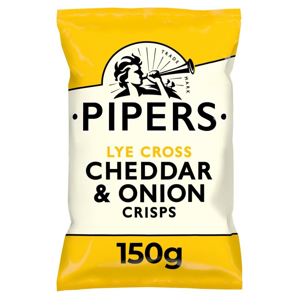 Pipers Lye Cross Cheddar & Onion crisps, 150g bag.