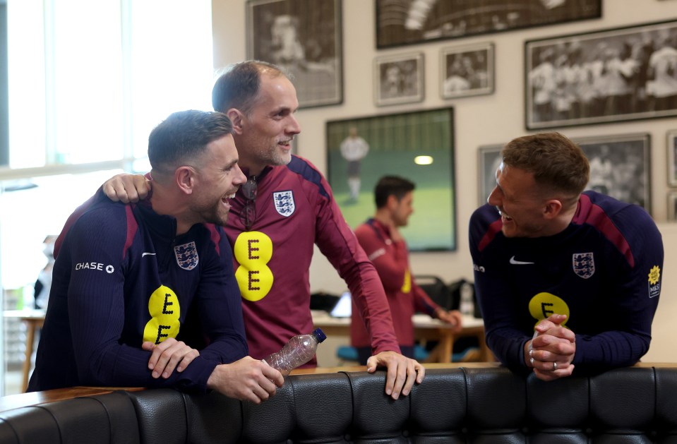 Thomas Tuchel with Jordan Henderson and Dan Burn at St George's Park.