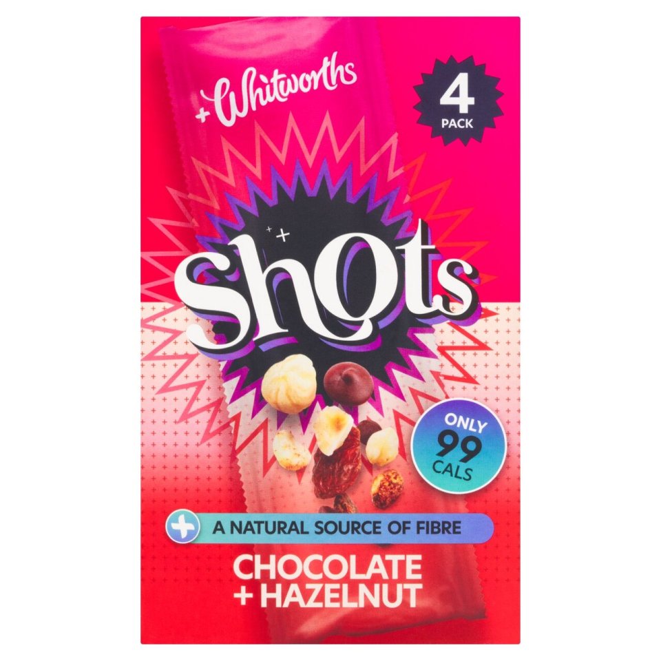 Whitworths Shots Chocolate & Hazelnut 4-pack, 99 calories.