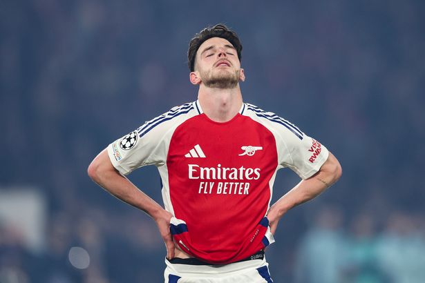 Declan Rice reacts after losing to PSG