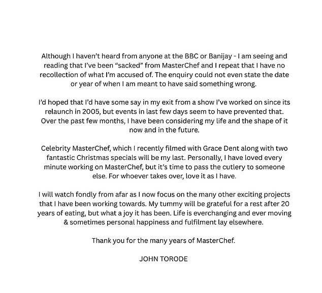 John's statement after the Beeb said he would no longer be hosting MasterChef