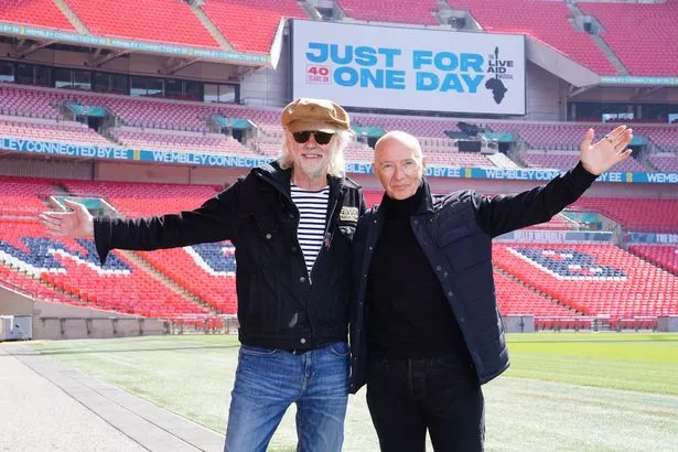 Sir Bob Geldof (left) and Midge Ure during the launch event for the Live Aid musical 'Just For One Day', at Wembley Stadium, north London. Picture date: Thursday May 1, 2025.