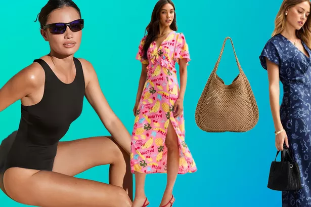 some people in dresses and a swimsuit and a straw bag