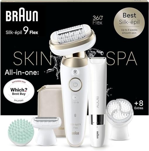 Braun Silk-épil 9 Flex SkinSpa, Epilator with 360° Flexible Head for Easy Hair Removal, Wet & Dry, Lasting Smooth Skin, All-in-One Kit, with Body Mini Shaver, SES9-481 3D, White/Gold