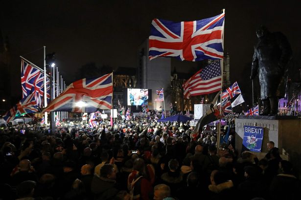 Brexit supporters in Parliament Square in January 2020 as the UK formally left the EU