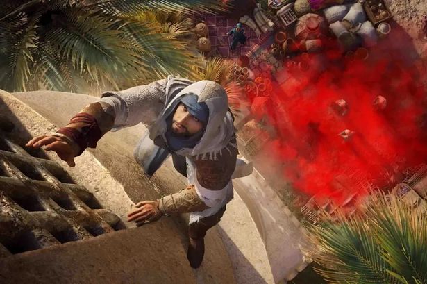 Basim climbs a wall over painted foes standing in confusion in Assassin's Creed Mirage.