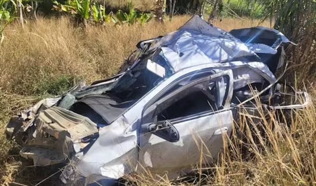 The crashed vehicle at the bottom of the cliff