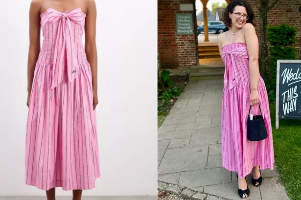 Shopping writer Eve Rowlands (pictured right) wearing the Damson Madder Mia Midi dress