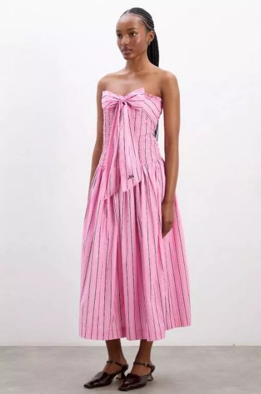Damson Madder’s Mia Midi Dress in pink business stripe is reduced in the brand's summer sale