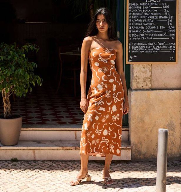 Brown Printed Linen-blend Bandeau Evie Midi Dress