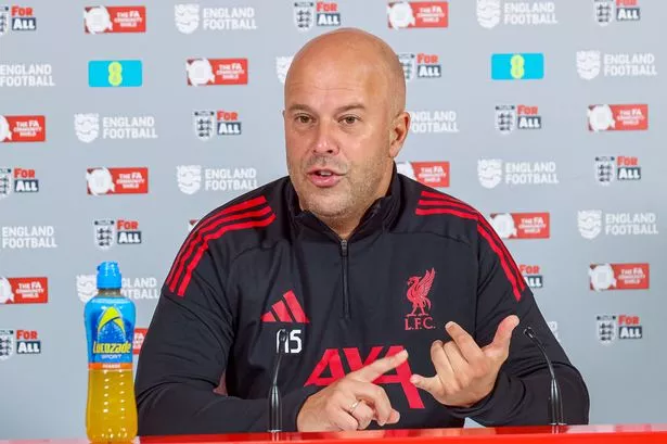 Liverpool's head coach Arne Slot speaks at a pre-match press conference ahead of the Community Shield