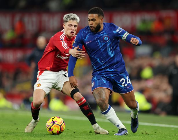 Reece James of Chelsea controls the ball under pressure from Alejandro Garnacho