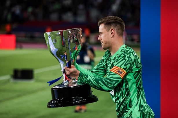 Ter Stegen of FC Barcelona celebrates the La Liga EA Sports 2024/2025 championship during the La Liga EA Sports match between FC Barcelona and Villarreal CF at Olimpic Llus Companys in Barcelona, Spain, on May 18, 2025. (Photo by Gongora/NurPhoto via Getty Images)