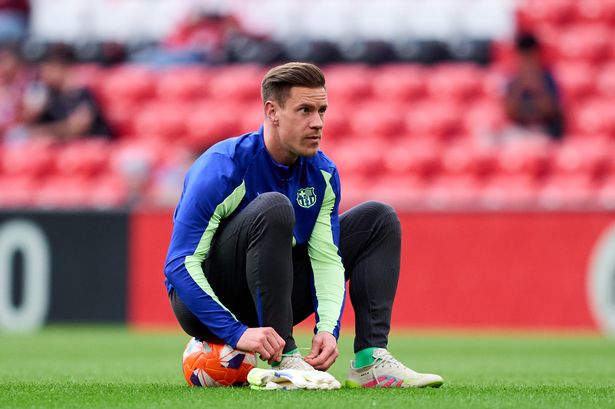 BILBAO, SPAIN - MAY 25: Marc Andre Ter Stegen of FC Barcelona looks on prior to the LaLiga match between Athletic Club and FC Barcelona at Estadio de San Mames on May 25, 2025 in Bilbao, Spain. (Photo by Juan Manuel Serrano Arce/Getty Images)