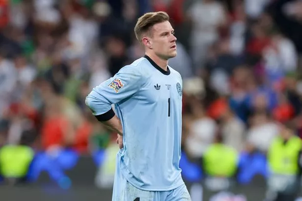 Goalkeeper Marc-Andre ter Stegen of Germany looks dejected during the UEFA Nations League 2025 Semi-final match between Germany and Portugal at Munich Football Arena on June 4, 2025 in Munich, Germany. (Photo by GSI/Icon Sport via Getty Images)