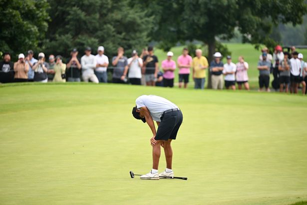 Charlie Woods reacts to missing his putt on the 18th hole during the final round of the 2025 Junior PGA Championship at Birck Boilermaker Golf Complex on Friday, August 1, 2025 in West Lafayette, Indiana.
