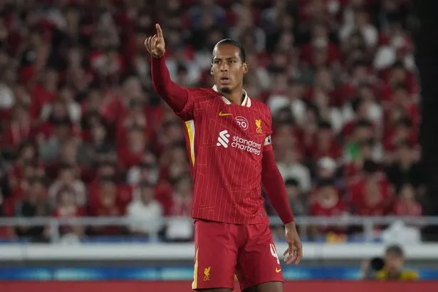 YOKOHAMA, JAPAN - JULY 30: Virgil van Dijk of Liverpool looks on during the MEIJI YASUDA J.LEAGUE World Challenge 2025 presented by The Nippon Foundation match between Yokohama F•Marinos and Liverpool at Nissan Stadium on July 30, 2025 in Yokohama, Kanagawa, Japan. (Photo by Masashi Hara/Getty Images)