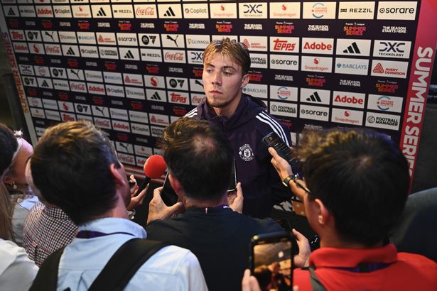 Rasmus Hojlund of Manchester United speaks in the mixed zone after scoring vs Bournemouth