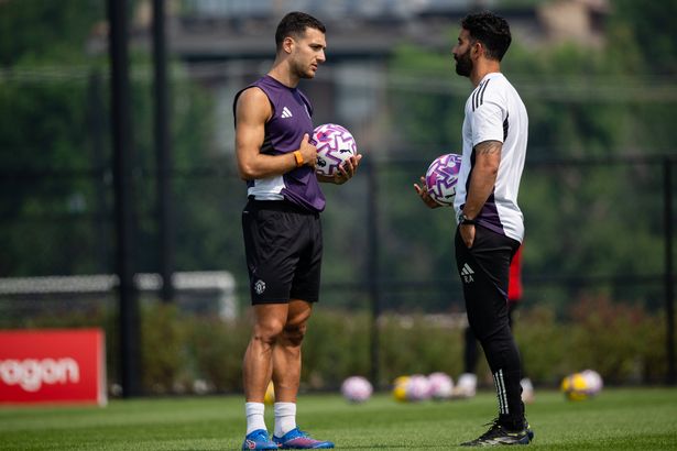 Diogo Dalot, Head Coach Ruben Amorim of Manchester United in action during a first team training session as part of their pre-season tour of the USA at Endeavor Health Performance Center on August 01, 2025 in Chicago, Illinois