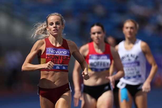 Georgia Hunter Bell on her way to a comfortable win in her 800m heat at Alexander Stadium on Saturday.