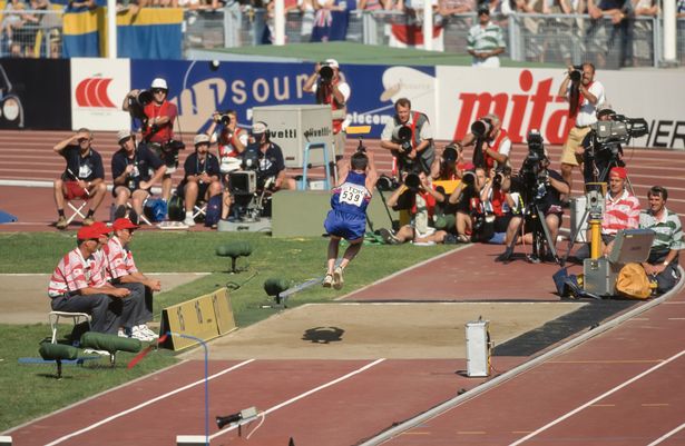 Jonathan Edwards jumps to his world record in Gothenburg.