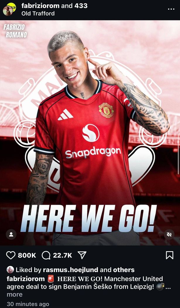Rasmus Hojlund appeared to have liked a report confirming Benjamin Sesko to Man Utd