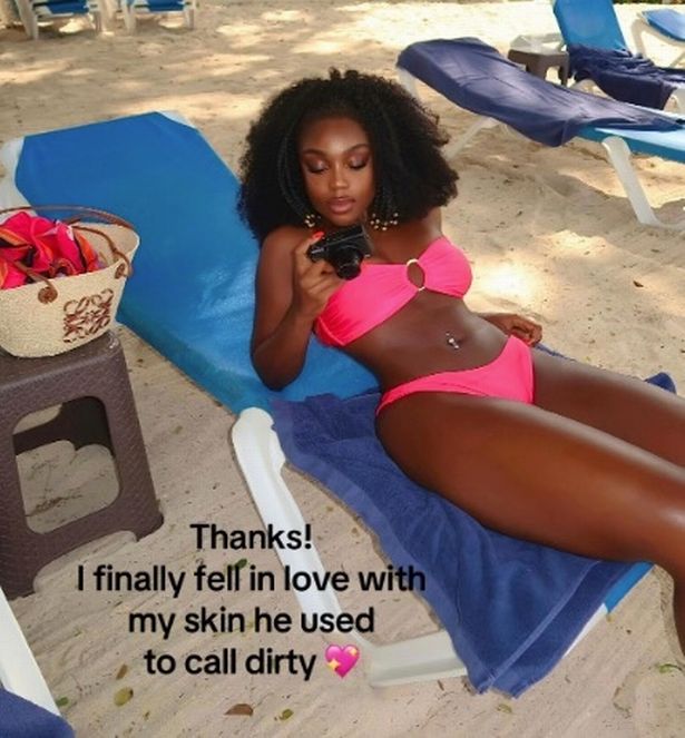 Photo shows Whitney Adebayo lounging on a sun lounger on the beach wearing a pink strapless bikini. Writing on top of the picture reads:
