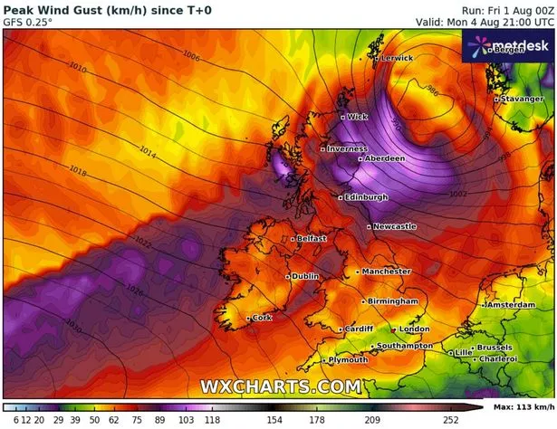 The map shows strengthened winds in some areas