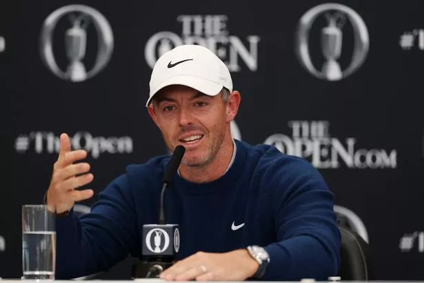 PORTRUSH, NORTHERN IRELAND - JULY 14: Rory McIlroy of Northern Ireland talks to the media during a press conference prior to The 153rd Open Championship at Royal Portrush Golf Club on July 14, 2025 in Portrush, Northern Ireland. (Photo by Richard Heathcote/Getty Images)