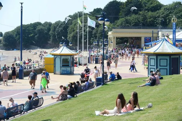 Busy beach with two women sat on grass